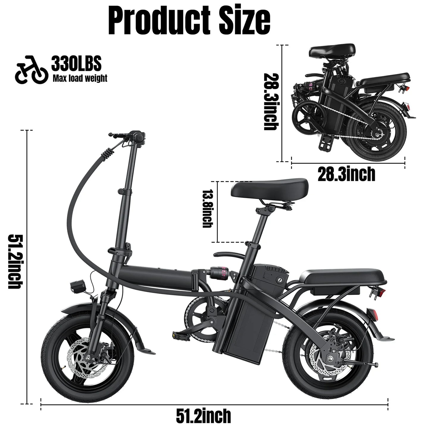 Foldable Electric Bike 500W Motor Dual Disc Brakes 14-inch (35.6 cm) Wheels 48V 10Ah Battery Up to 22 mi Range 20 MPH Commuter with Seat & Basket