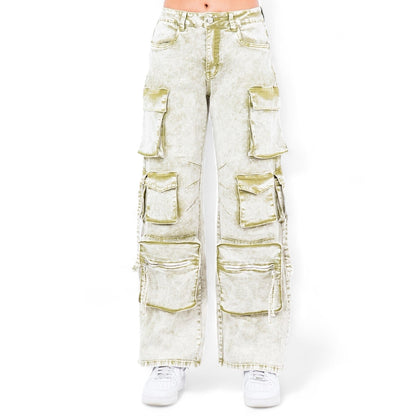 Multiple Pocket Acid Wash Denim Pants- RJH30665