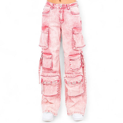 Multiple Pocket Acid Wash Denim Pants- RJH30665
