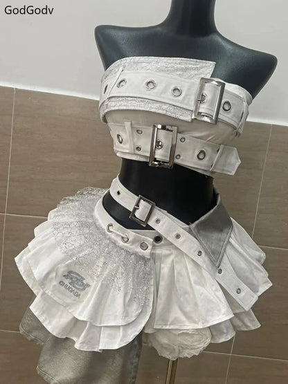 Summer Vintage Elegant Y2K Woman 2 Piece Sets Punk Gothic Strapless Crop Tops +High Waist Ruffle Skirt Female Party Outfits 2025