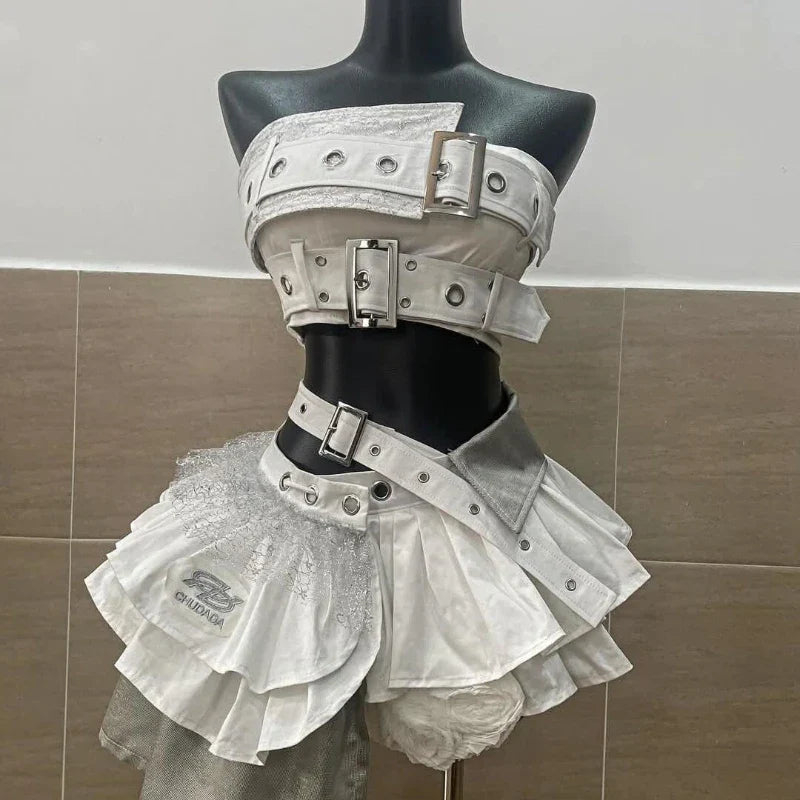 Summer Vintage Elegant Y2K Woman 2 Piece Sets Punk Gothic Strapless Crop Tops +High Waist Ruffle Skirt Female Party Outfits 2025