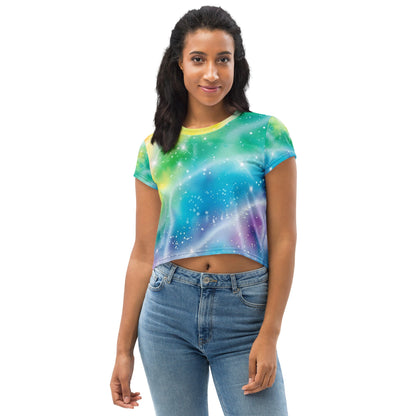 Rainbow Shimmer Woman's Crop Top Tee For EDM Rave Festival Outfit Clothing