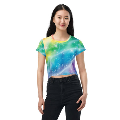 Rainbow Shimmer Woman's Crop Top Tee For EDM Rave Festival Outfit Clothing