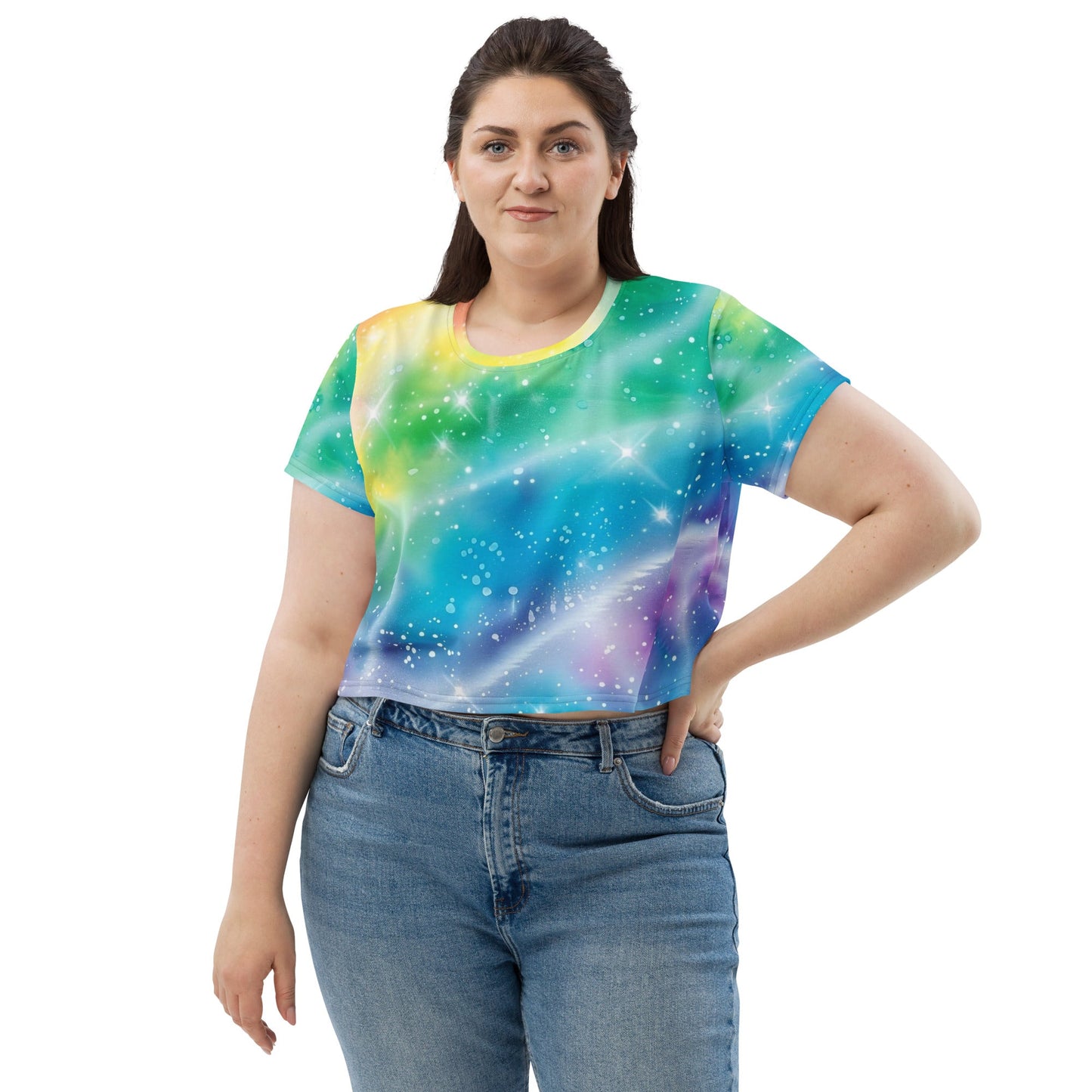 Rainbow Shimmer Woman's Crop Top Tee For EDM Rave Festival Outfit Clothing