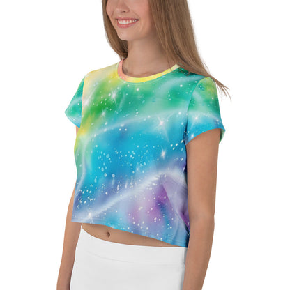 Rainbow Shimmer Woman's Crop Top Tee For EDM Rave Festival Outfit Clothing
