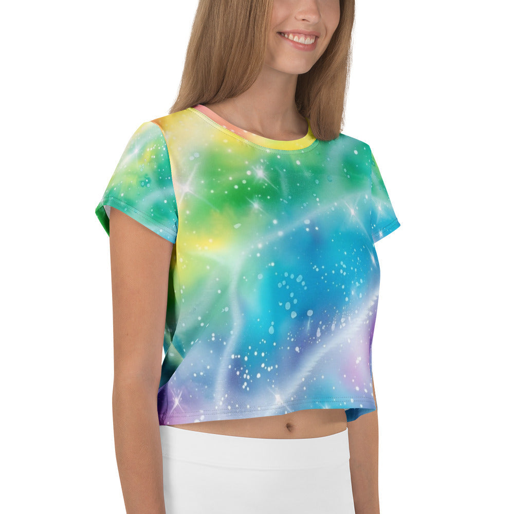 Rainbow Shimmer Woman's Crop Top Tee For EDM Rave Festival Outfit Clothing