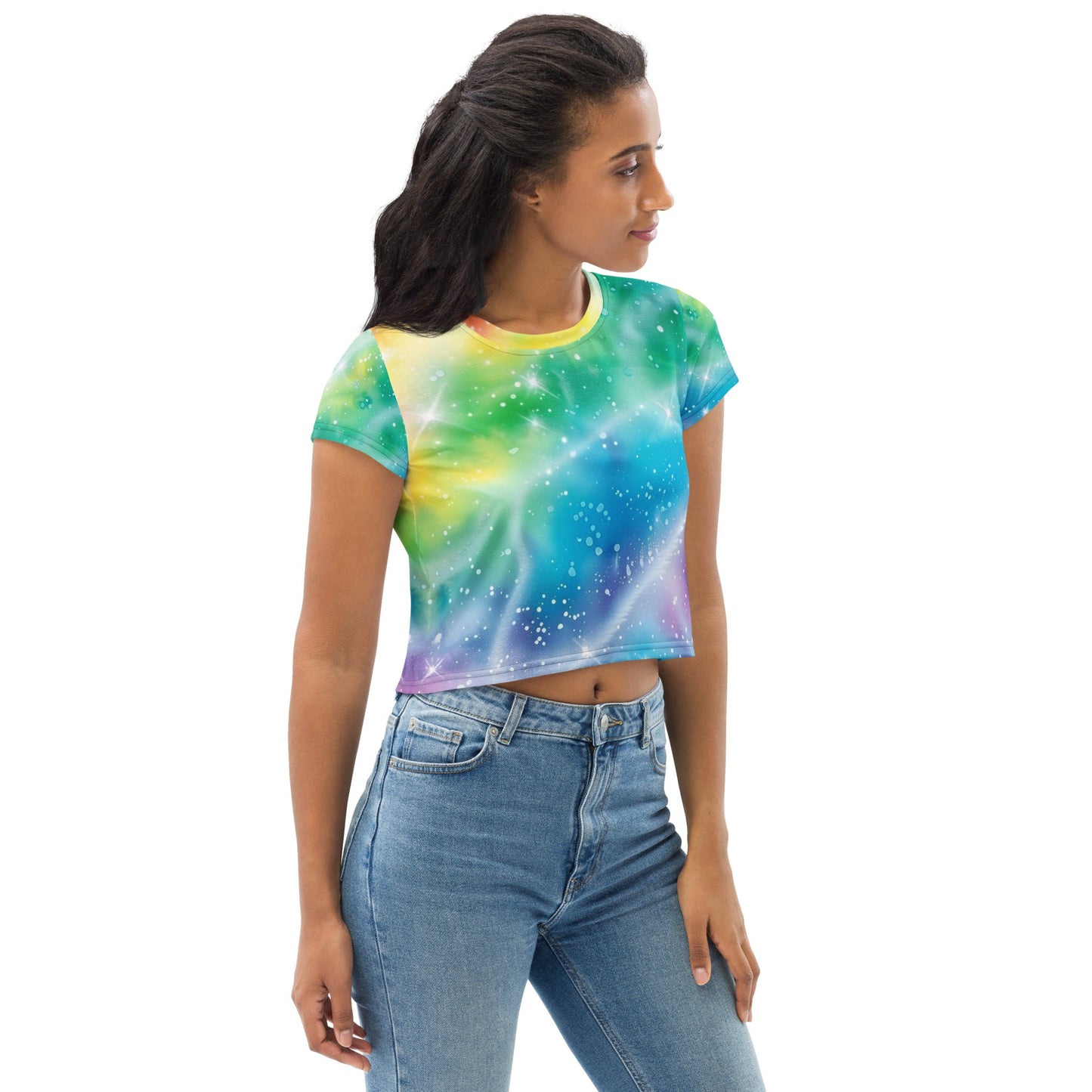 Rainbow Shimmer Woman's Crop Top Tee For EDM Rave Festival Outfit Clothing