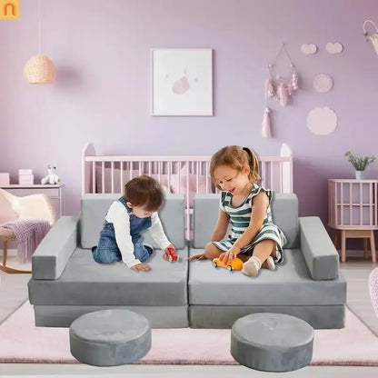 Kids Modular Foam Couch Play Set Light Gray 10 Piece Convertible