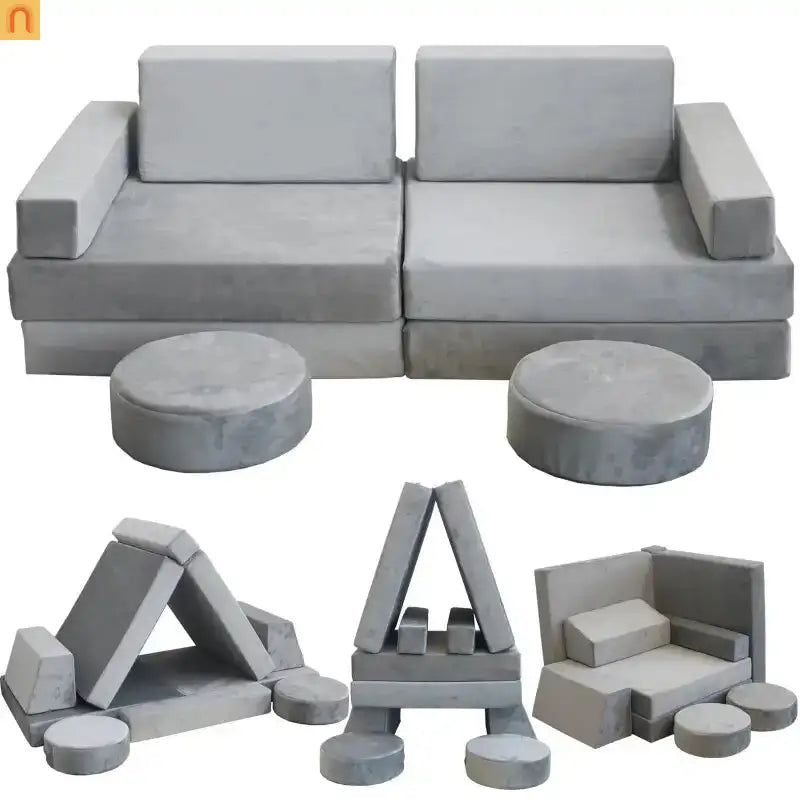 Kids Modular Foam Couch Play Set Light Gray 10 Piece Convertible