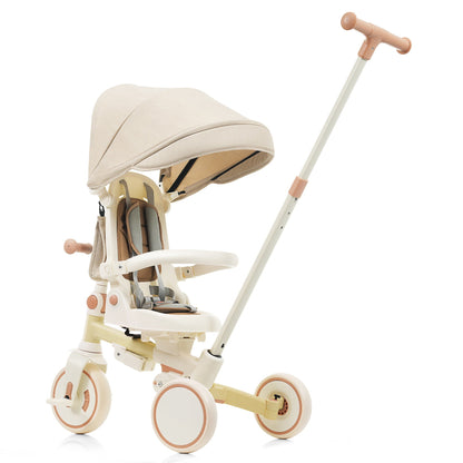 7 in 1 Baby Tricycle, Foldable Toddler Tricycle with Removable and Adjustable Parent Handle, Toddler Push Bike with Removable Pedal, Canopy, and Guardrail, Tricycle for 12-72 Months, yellow