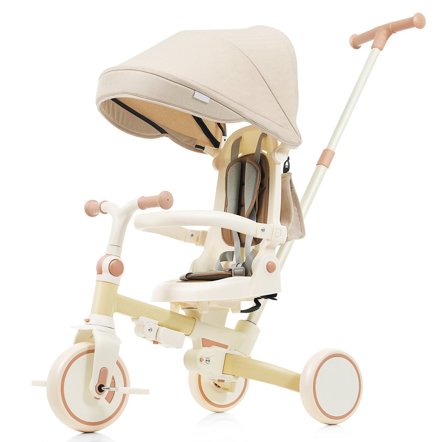 7 in 1 Baby Tricycle, Foldable Toddler Tricycle with Removable and Adjustable Parent Handle, Toddler Push Bike with Removable Pedal, Canopy, and Guardrail, Tricycle for 12-72 Months, yellow