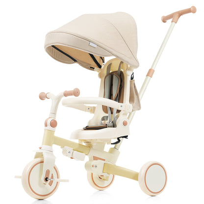 7 in 1 Baby Tricycle, Foldable Toddler Tricycle with Removable and Adjustable Parent Handle, Toddler Push Bike with Removable Pedal, Canopy, and Guardrail, Tricycle for 12-72 Months, yellow