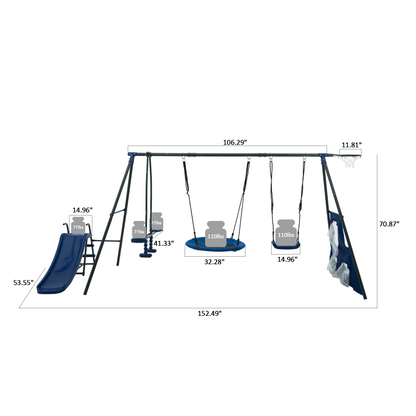Xiunan-Leisure Saucer Swingset with Mini Slide and Net Swing Grey Blue Steel Outdoor Playground 31.5in