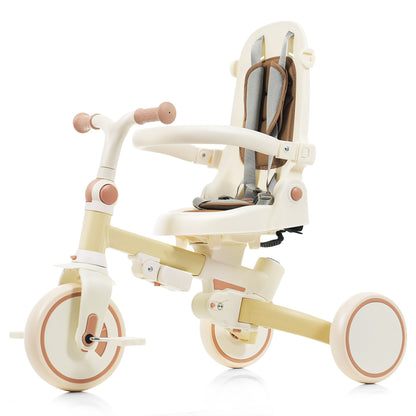 7 in 1 Baby Tricycle, Foldable Toddler Tricycle with Removable and Adjustable Parent Handle, Toddler Push Bike with Removable Pedal, Canopy, and Guardrail, Tricycle for 12-72 Months, yellow